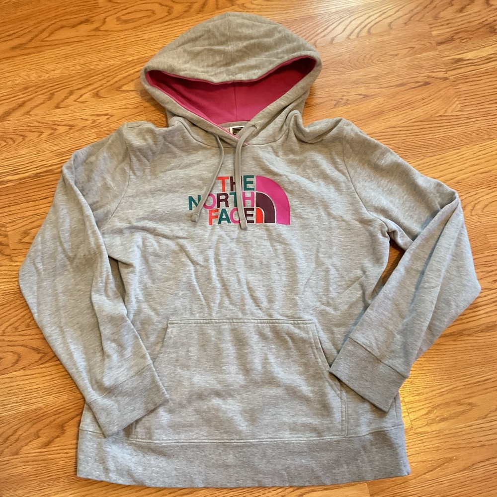 The North Face Gray Hoodie with Pink Logo